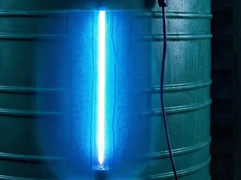 A germicidal UV-C lamp lit blue inside a large green water tank at night